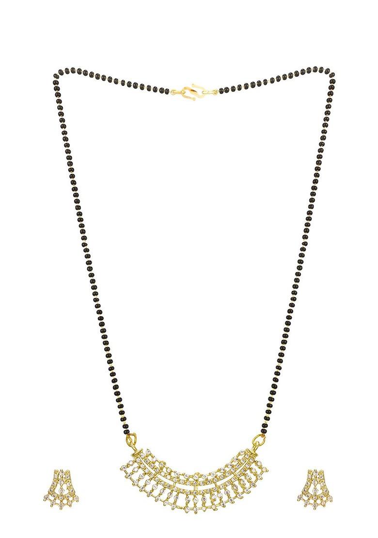 Gold Plated White And Black Ad Studded And Beaded Mangalsutra With Earrings