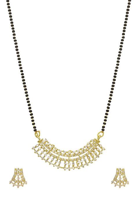 Gold Plated White And Black Ad Studded And Beaded Mangalsutra With Earrings