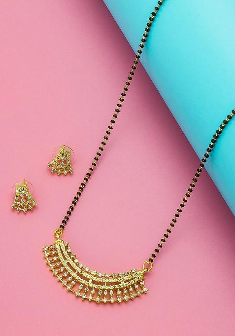 Gold Plated White And Black Ad Studded And Beaded Mangalsutra With Earrings