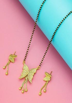 Gold Plated Black And White Ad Studded And Beaded Mangalsutra With Earrings