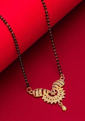 Woman Gold Plated Black Beaded And White Stone Studded Mangalsutra