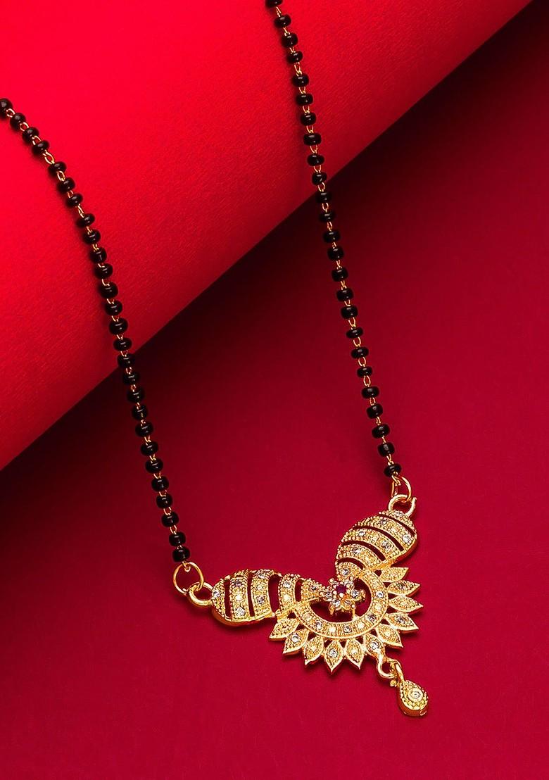 Woman Gold Plated Black Beaded And White Stone Studded Mangalsutra