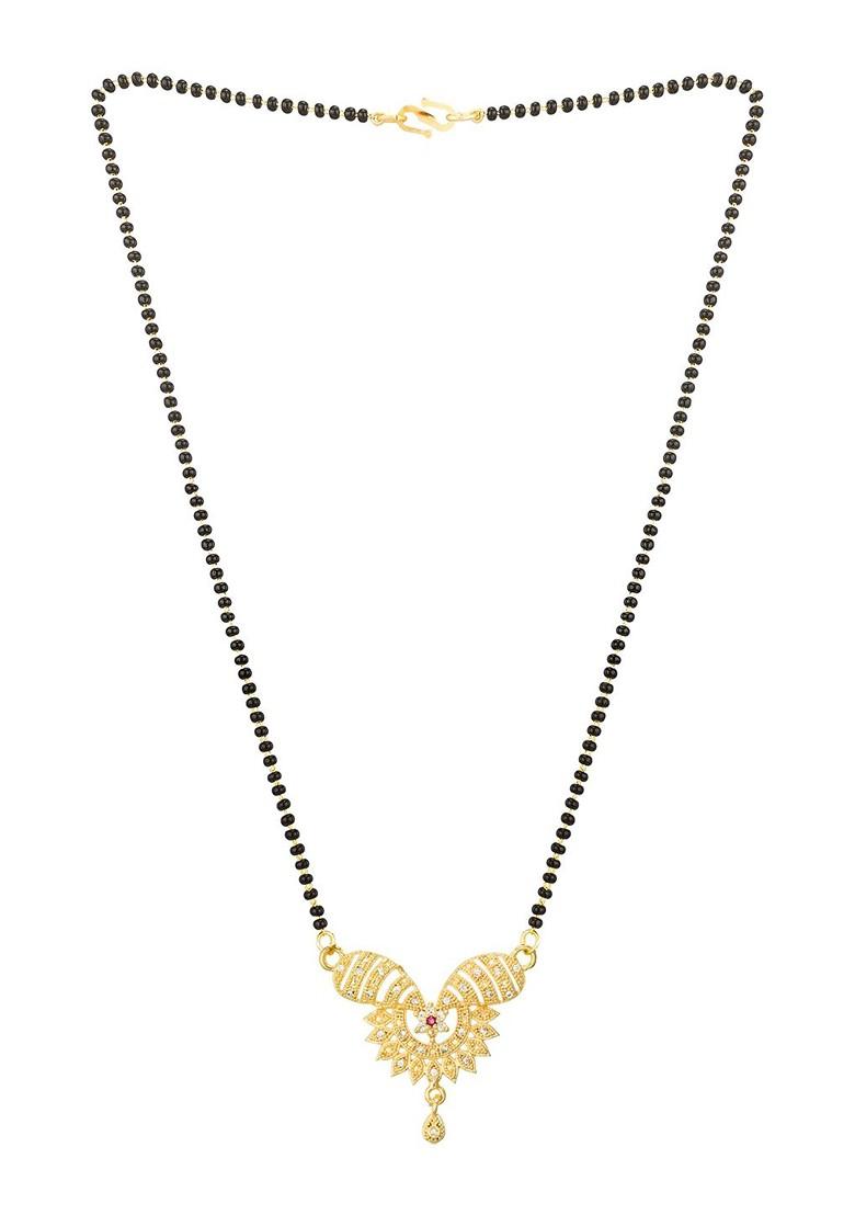 Woman Gold Plated Black Beaded And White Stone Studded Mangalsutra