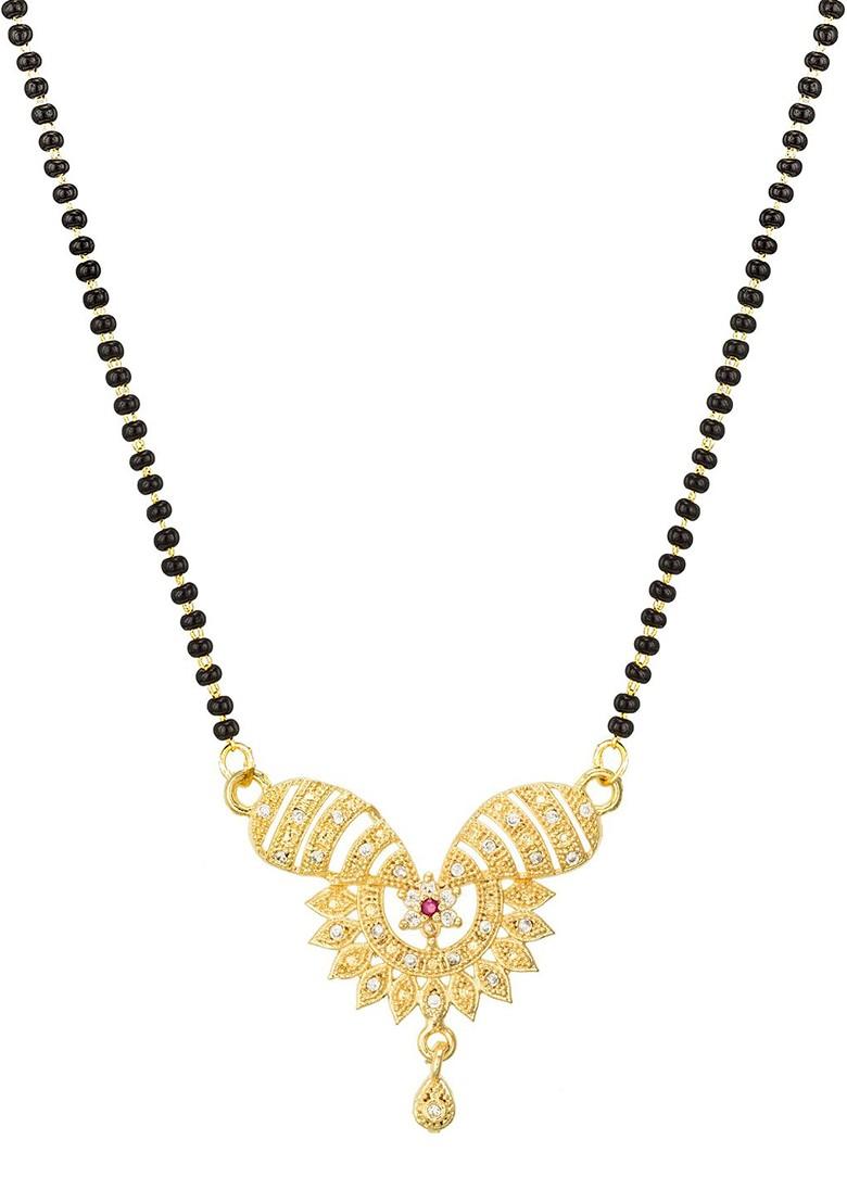 Woman Gold Plated Black Beaded And White Stone Studded Mangalsutra