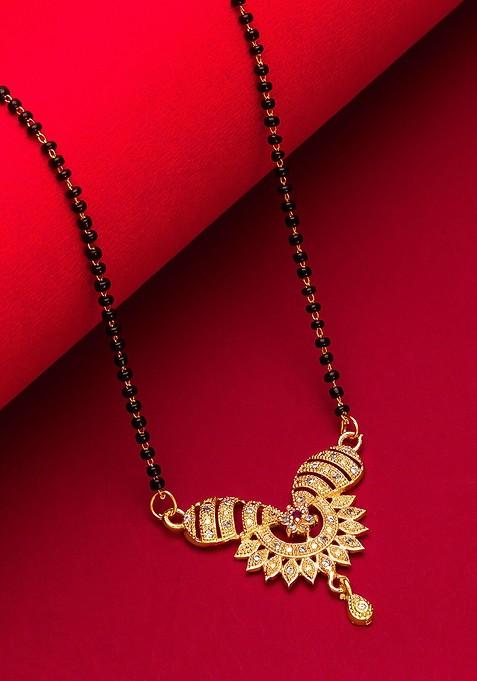 Woman Gold Plated Black Beaded And White Stone Studded Mangalsutra