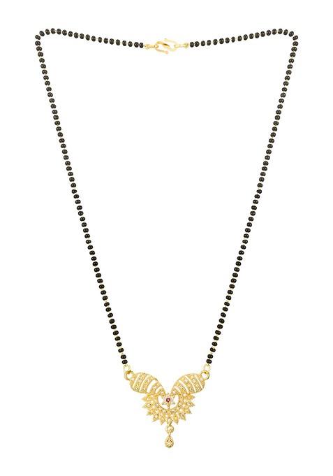 Woman Gold Plated Black Beaded And White Stone Studded Mangalsutra