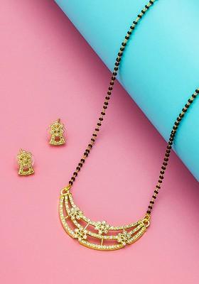 Gold Plated White And Black Ad Studded And Beaded Mangalsutra With Earrings