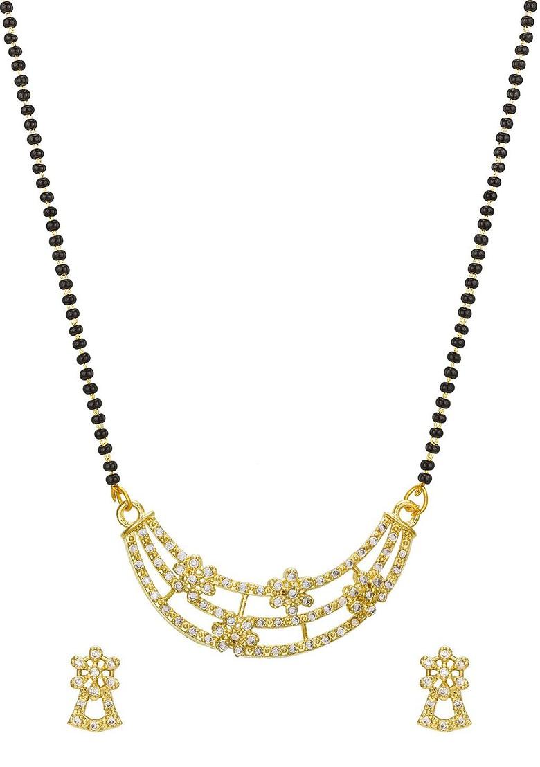 Gold Plated White And Black Ad Studded And Beaded Mangalsutra With Earrings