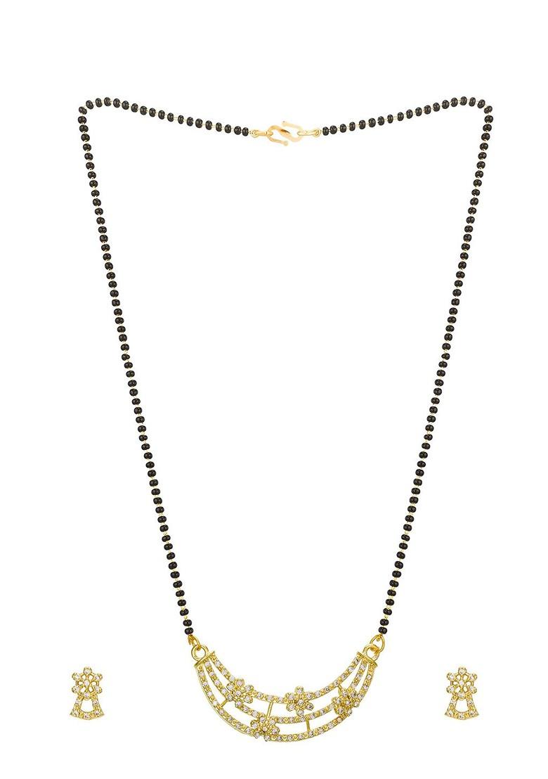 Gold Plated White And Black Ad Studded And Beaded Mangalsutra With Earrings