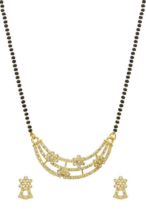 Gold Plated White And Black Ad Studded And Beaded Mangalsutra With Earrings