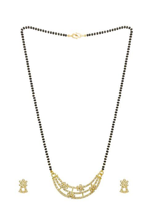 Gold Plated White And Black Ad Studded And Beaded Mangalsutra With Earrings