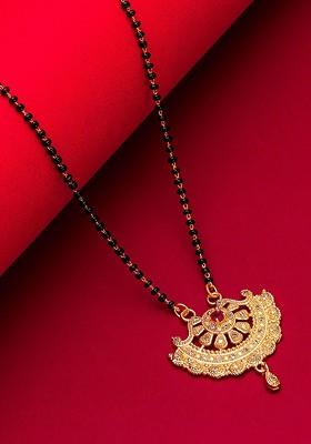 Woman Gold Plated Black Beaded And White Stone Studded Mangalsutra