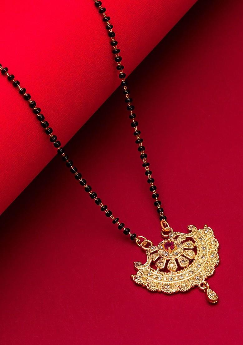 Woman Gold Plated Black Beaded And White Stone Studded Mangalsutra