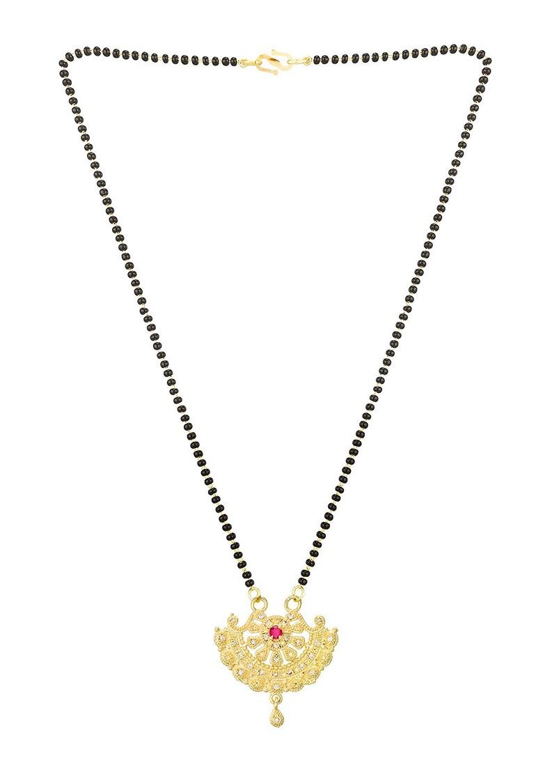 Woman Gold Plated Black Beaded And White Stone Studded Mangalsutra