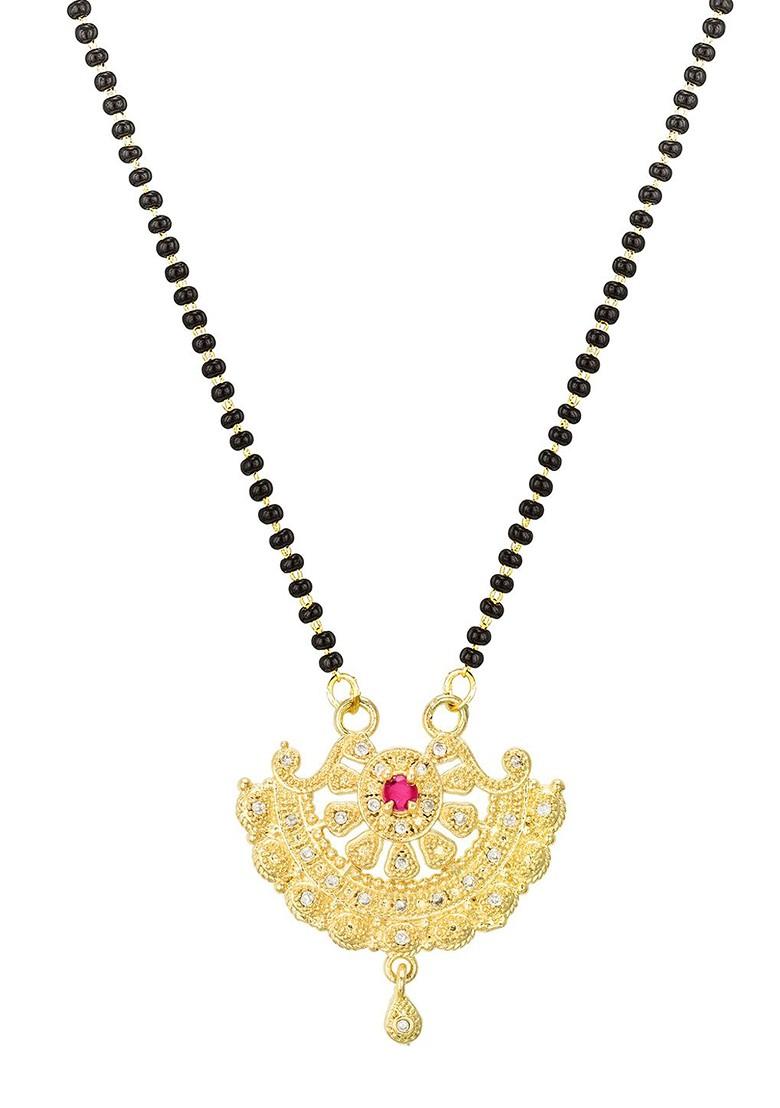 Woman Gold Plated Black Beaded And White Stone Studded Mangalsutra