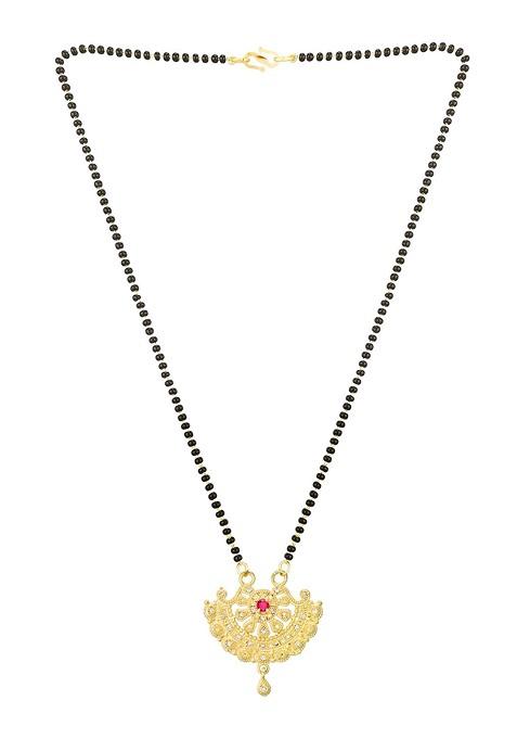 Woman Gold Plated Black Beaded And White Stone Studded Mangalsutra