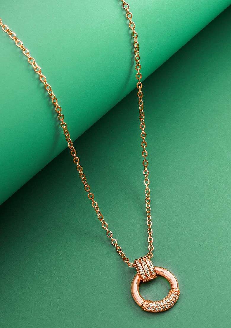 Rose Gold Plated Cz Stone Studded Pendant With Chain - Indya