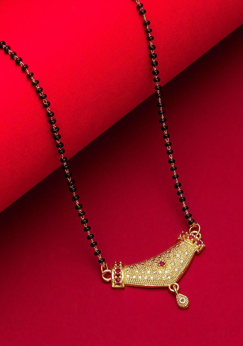 Woman Gold Plated Black Beaded And White Stone Studded Mangalsutra