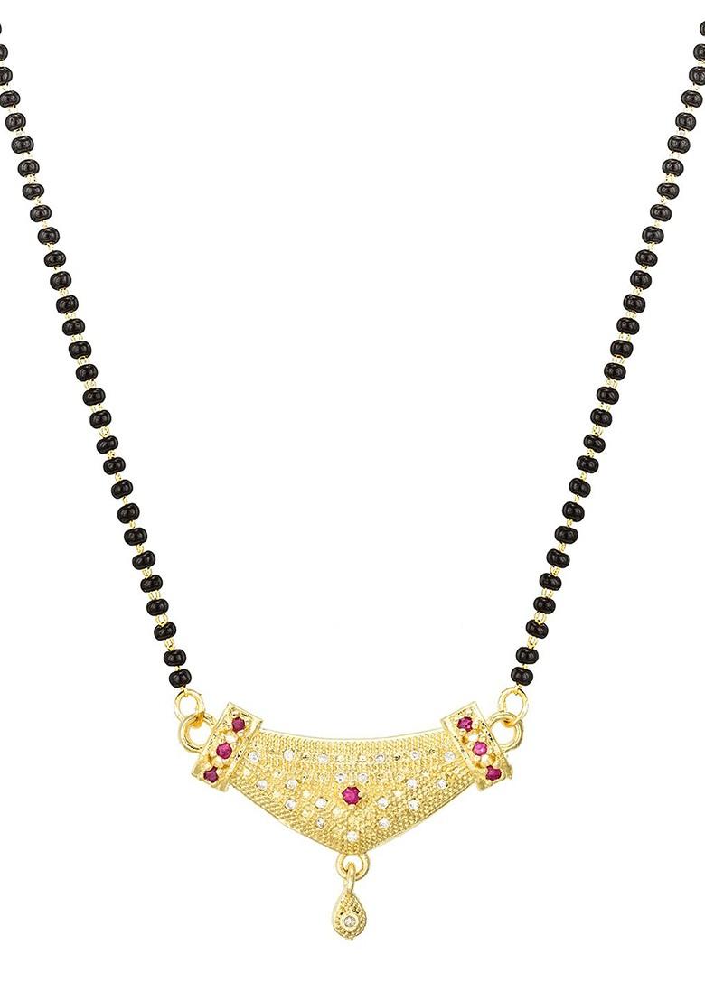 Woman Gold Plated Black Beaded And White Stone Studded Mangalsutra