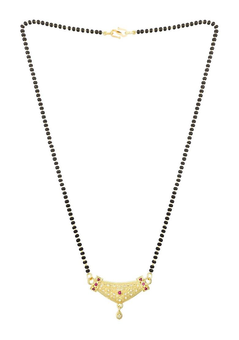 Woman Gold Plated Black Beaded And White Stone Studded Mangalsutra