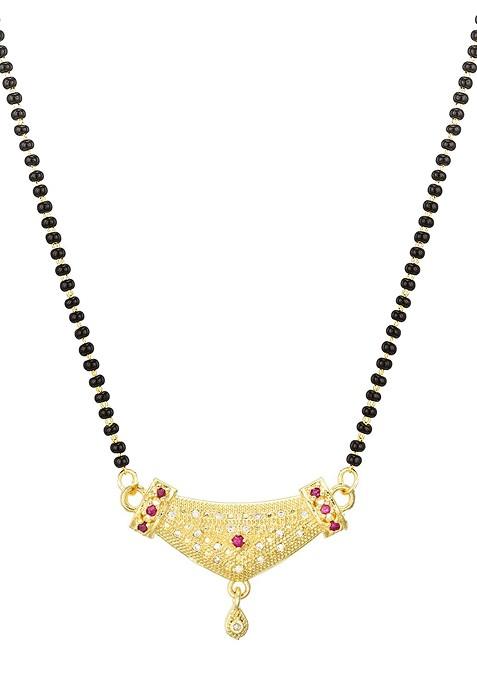 Woman Gold Plated Black Beaded And White Stone Studded Mangalsutra