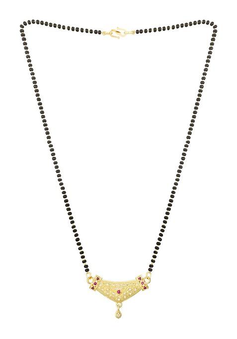 Woman Gold Plated Black Beaded And White Stone Studded Mangalsutra