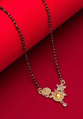 Woman Gold Plated White Stone And Black Beaded Mangalsutra