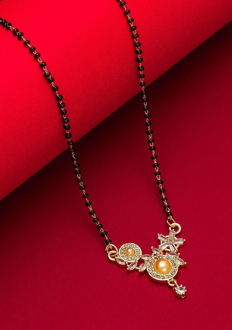 Woman Gold Plated White Stone And Black Beaded Mangalsutra