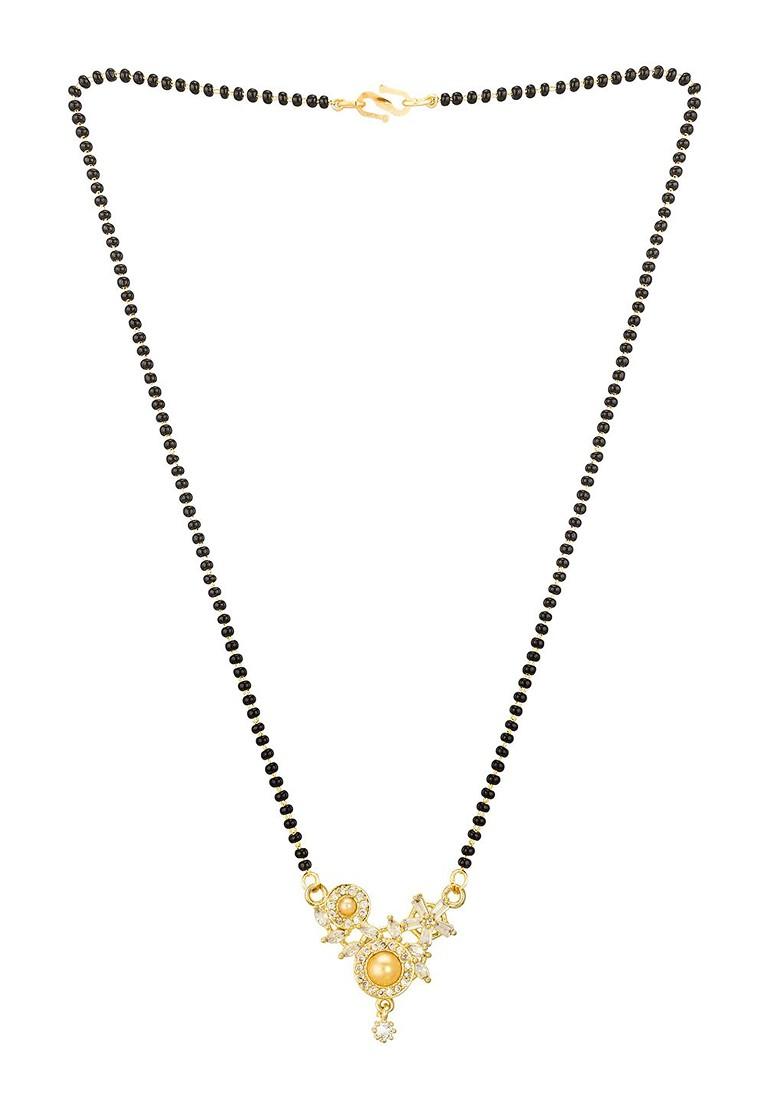 Woman Gold Plated White Stone And Black Beaded Mangalsutra