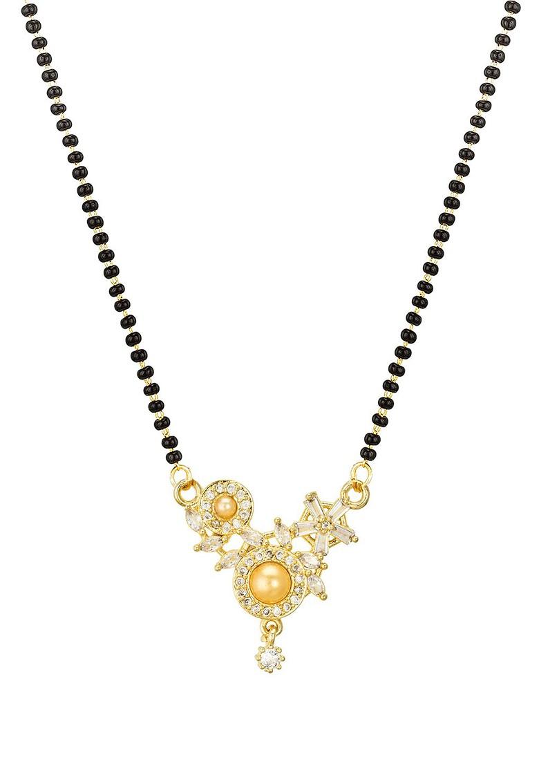 Woman Gold Plated White Stone And Black Beaded Mangalsutra