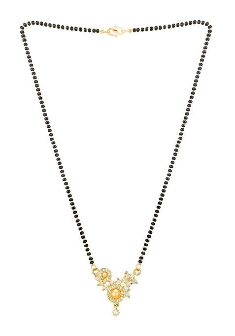 Woman Gold Plated White Stone And Black Beaded Mangalsutra