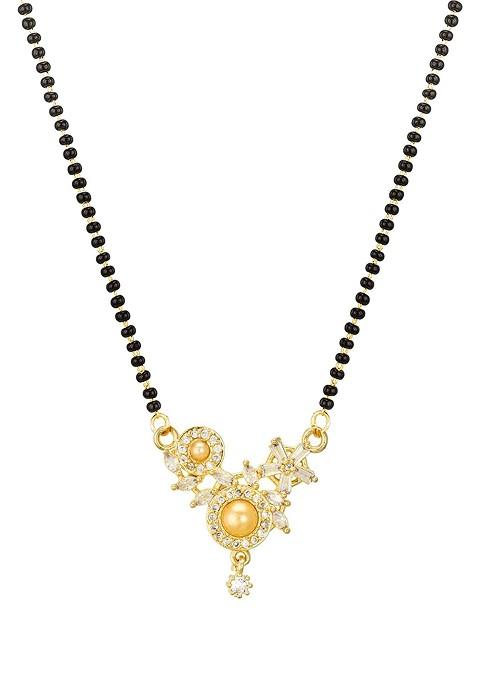 Woman Gold Plated White Stone And Black Beaded Mangalsutra