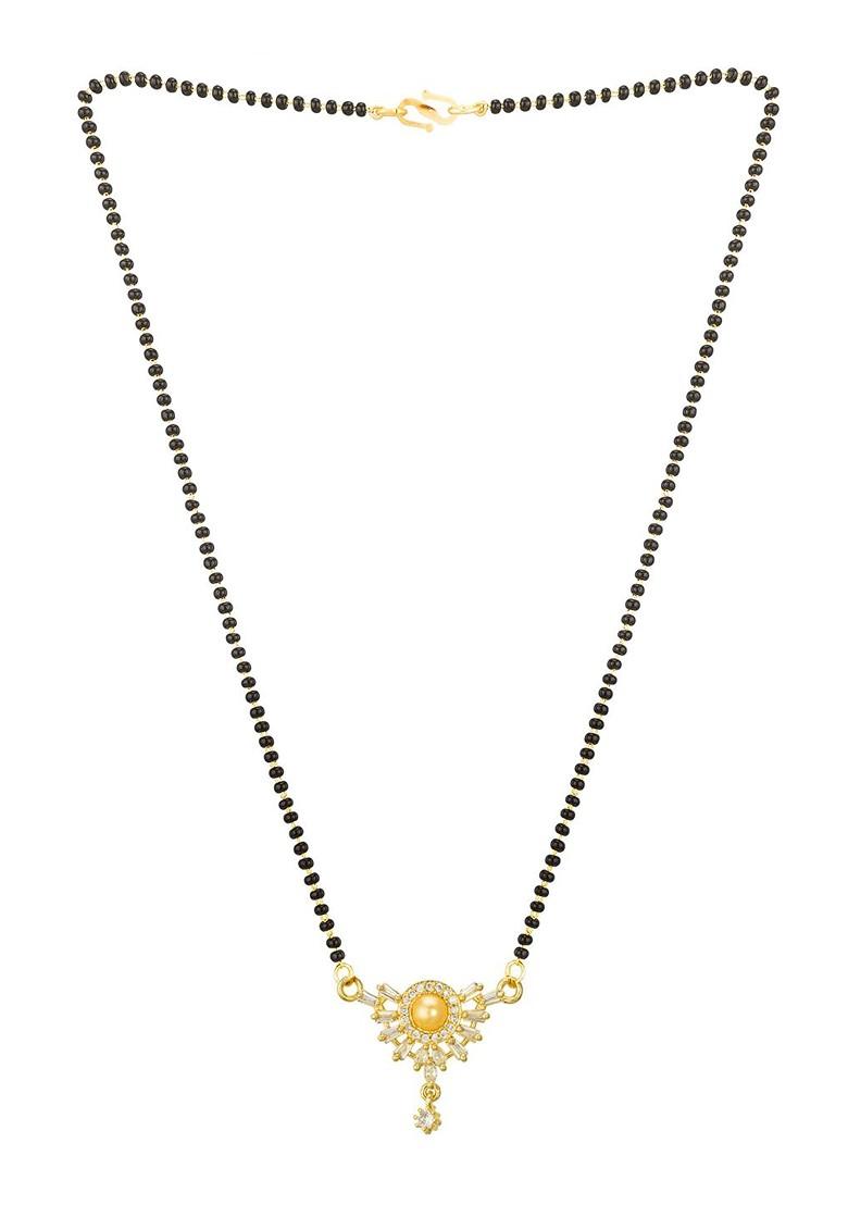 Woman Gold Plated White Stone And Black Beaded Mangalsutra