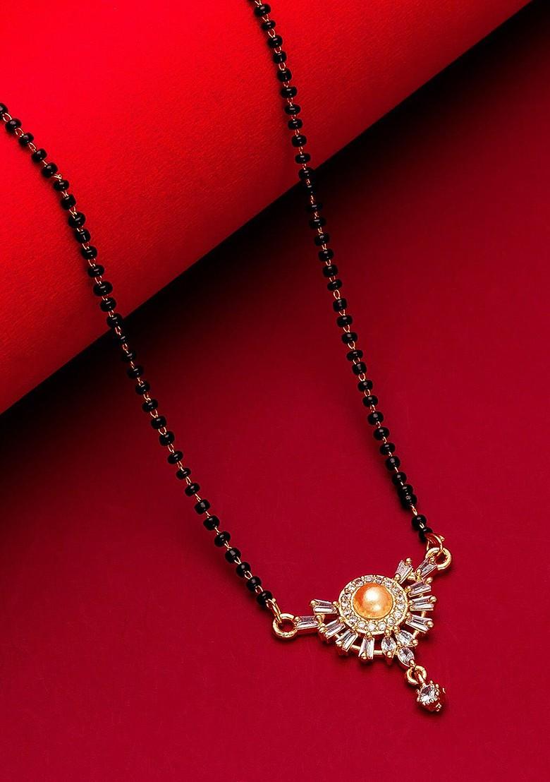 Woman Gold Plated White Stone And Black Beaded Mangalsutra