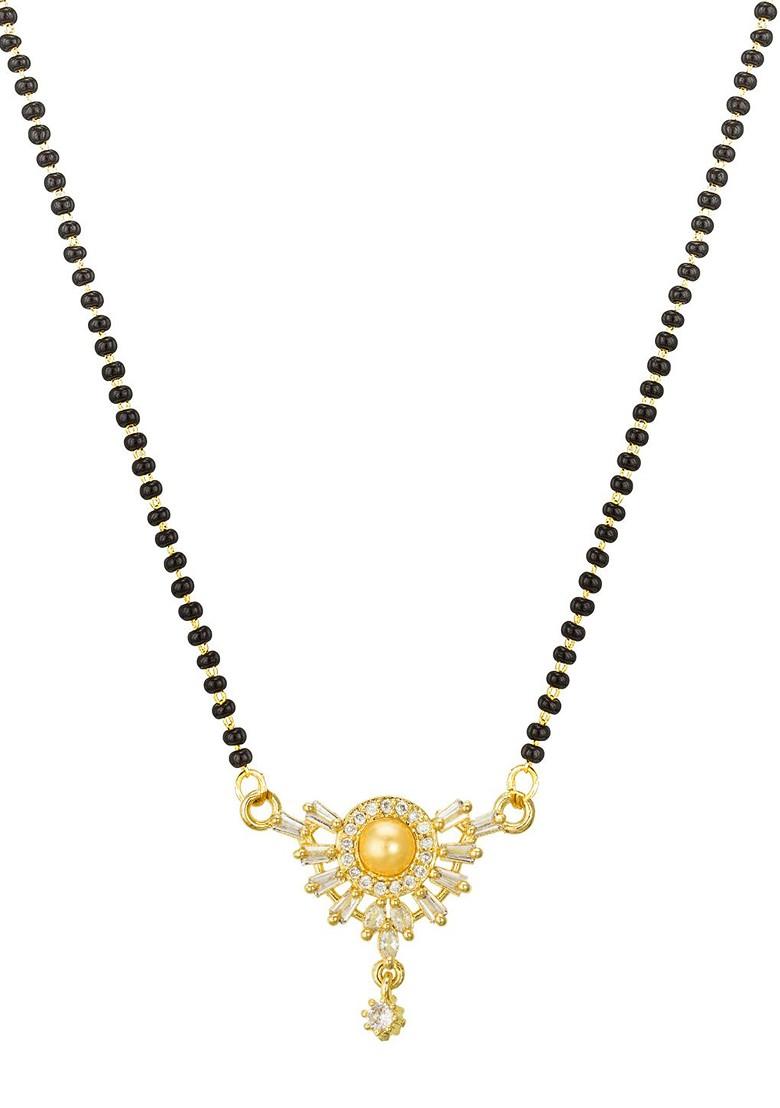 Woman Gold Plated White Stone And Black Beaded Mangalsutra