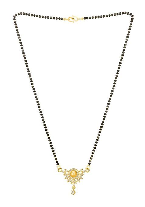 Woman Gold Plated White Stone And Black Beaded Mangalsutra