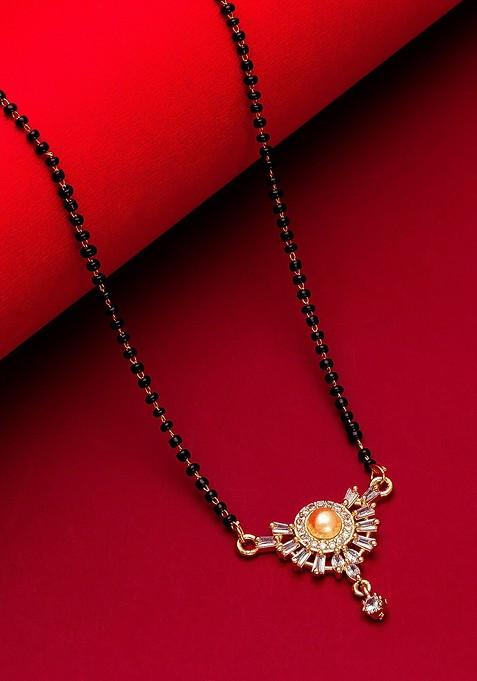 Woman Gold Plated White Stone And Black Beaded Mangalsutra