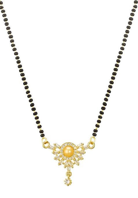 Woman Gold Plated White Stone And Black Beaded Mangalsutra