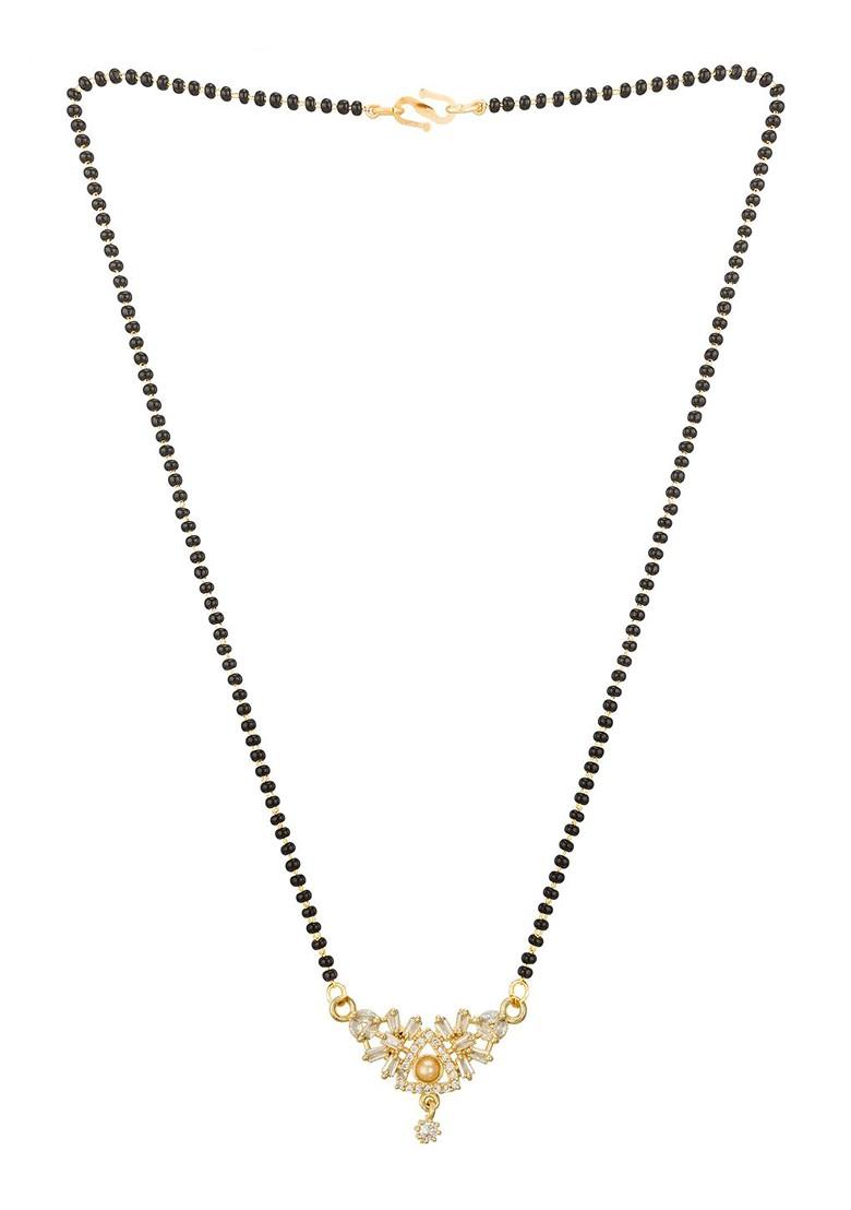 Woman Gold Plated Black Beaded And White Stone Studded Mangalsutra