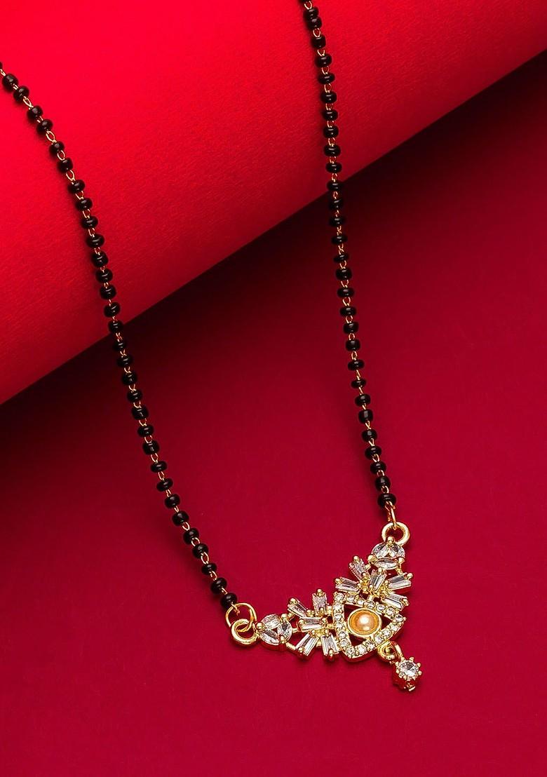 Woman Gold Plated Black Beaded And White Stone Studded Mangalsutra