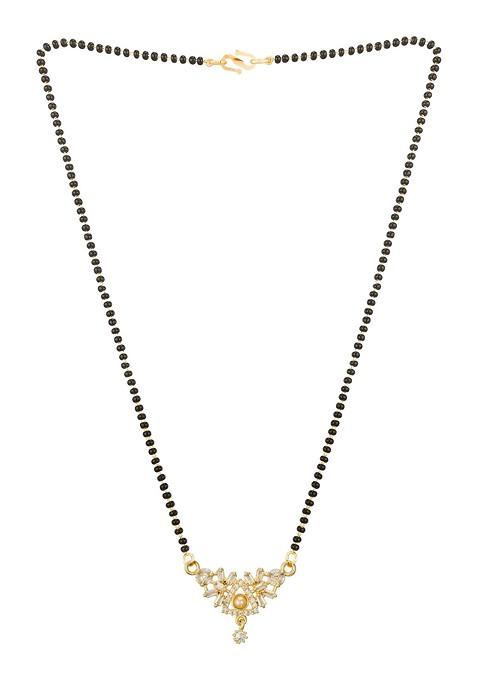Woman Gold Plated Black Beaded And White Stone Studded Mangalsutra