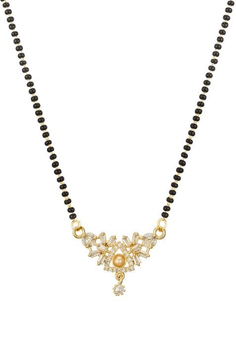 Woman Gold Plated Black Beaded And White Stone Studded Mangalsutra
