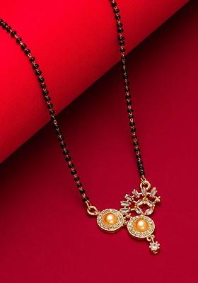 Gold Plated White Stone Studded And Black Beaded Mangalsutra