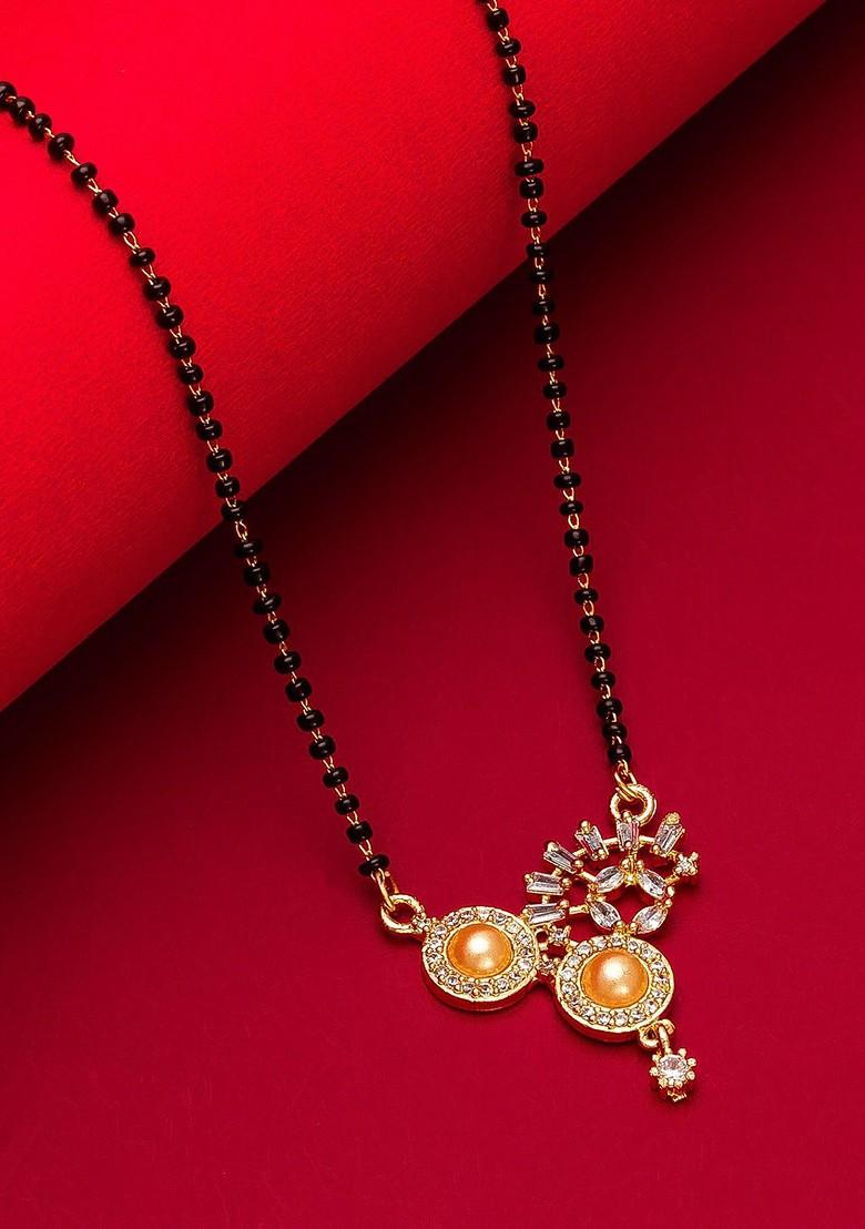 Gold Plated White Stone Studded And Black Beaded Mangalsutra