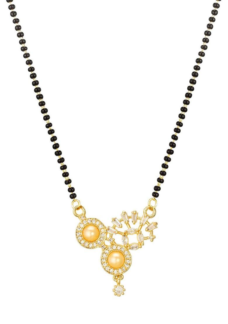 Gold Plated White Stone Studded And Black Beaded Mangalsutra