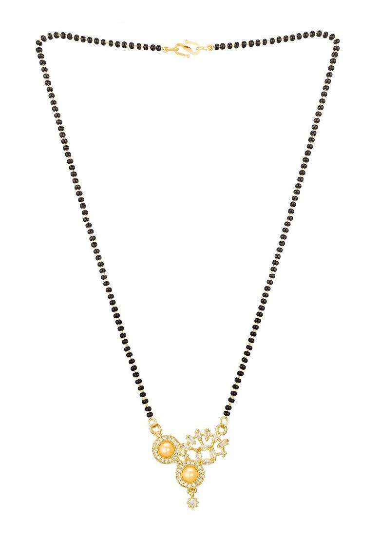Gold Plated White Stone Studded And Black Beaded Mangalsutra