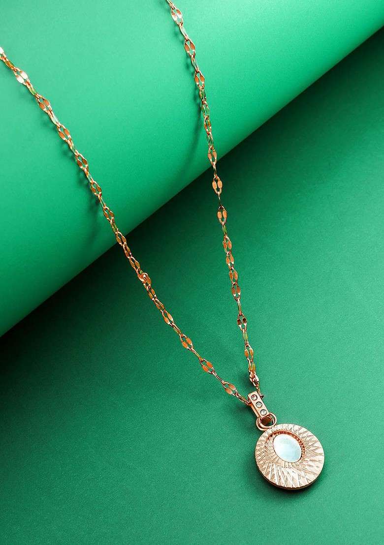 Rose Gold Plated Cz Studded Pendant With Chain - Indya