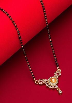 Woman Gold Plated Black Beaded And White Stone Studded Mangalsutra