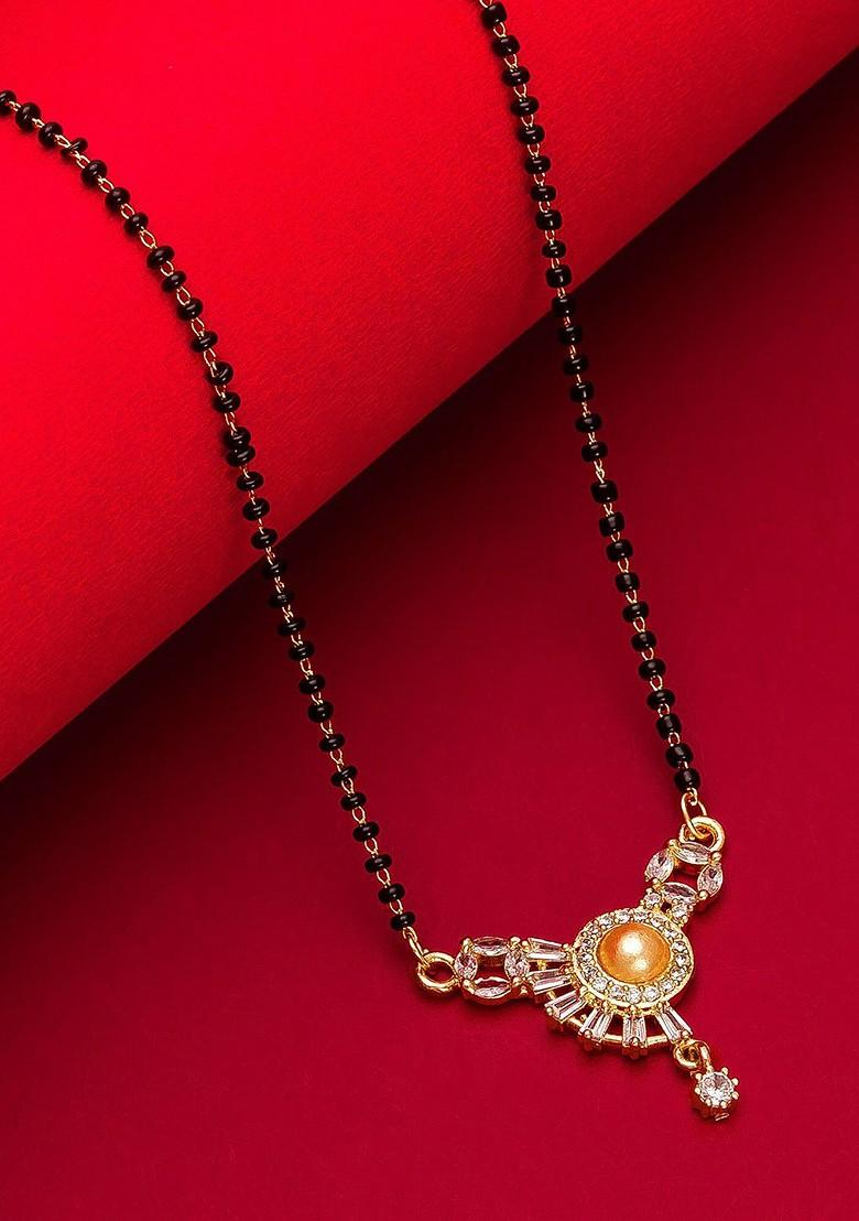 Woman Gold Plated Black Beaded And White Stone Studded Mangalsutra
