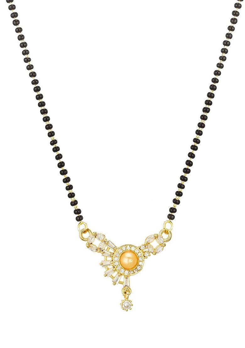Woman Gold Plated Black Beaded And White Stone Studded Mangalsutra